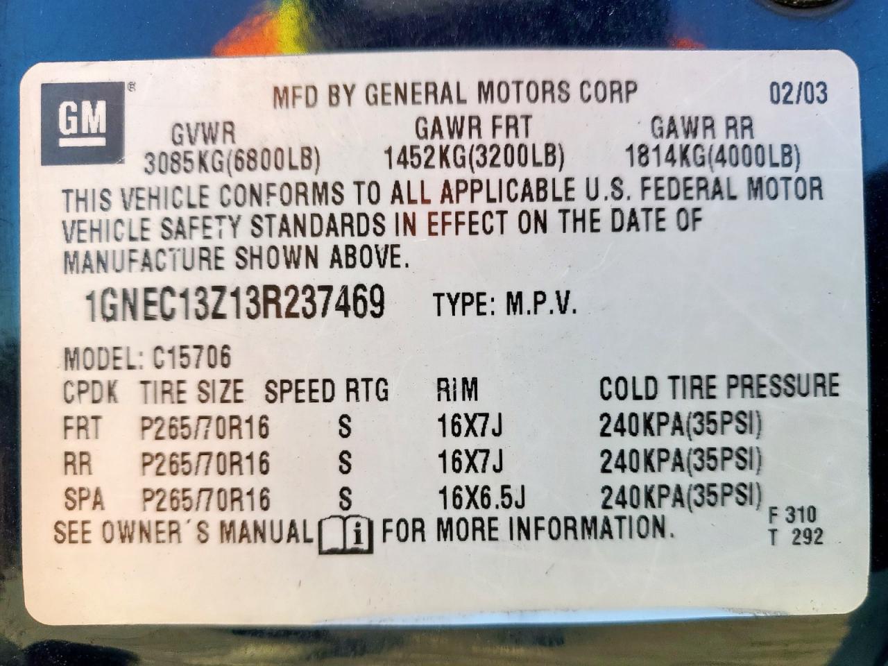 2003 Chevrolet Tahoe C1500 VIN: 1GNEC13Z13R237469 Lot: 82368935