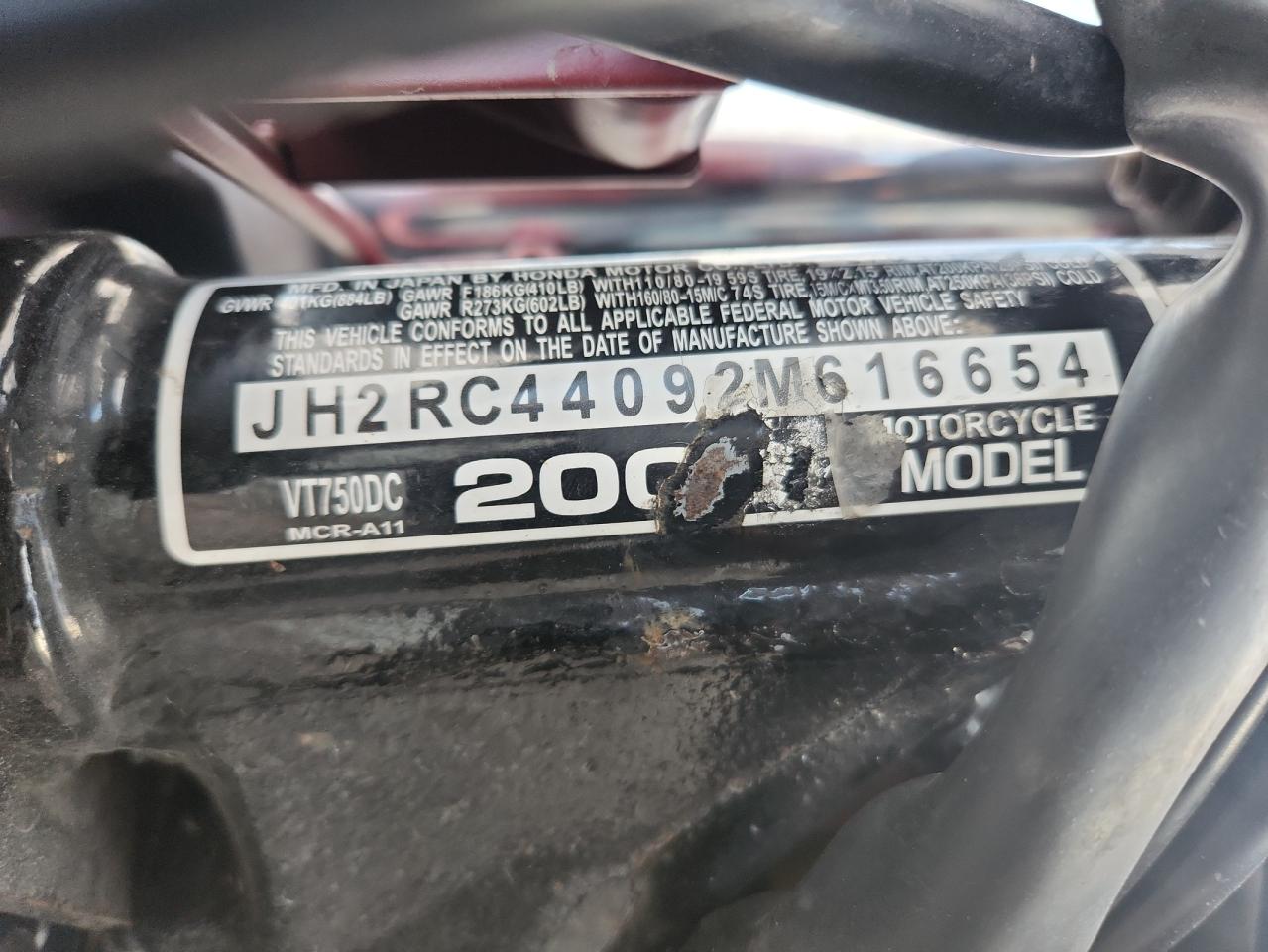 2002 Honda Vt750 Dc VIN: JH2RC44092M616654 Lot: 86460275