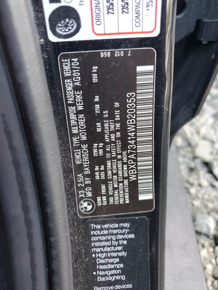 2004 BMW X3 2.5I VIN: WBXPA73414WB20353 Lot: 84861285