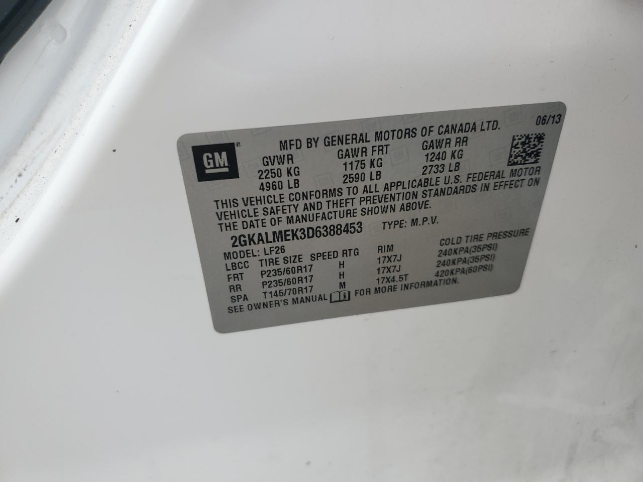 2013 GMC Terrain Sle VIN: 2GKALMEK3D6388453 Lot: 85363205