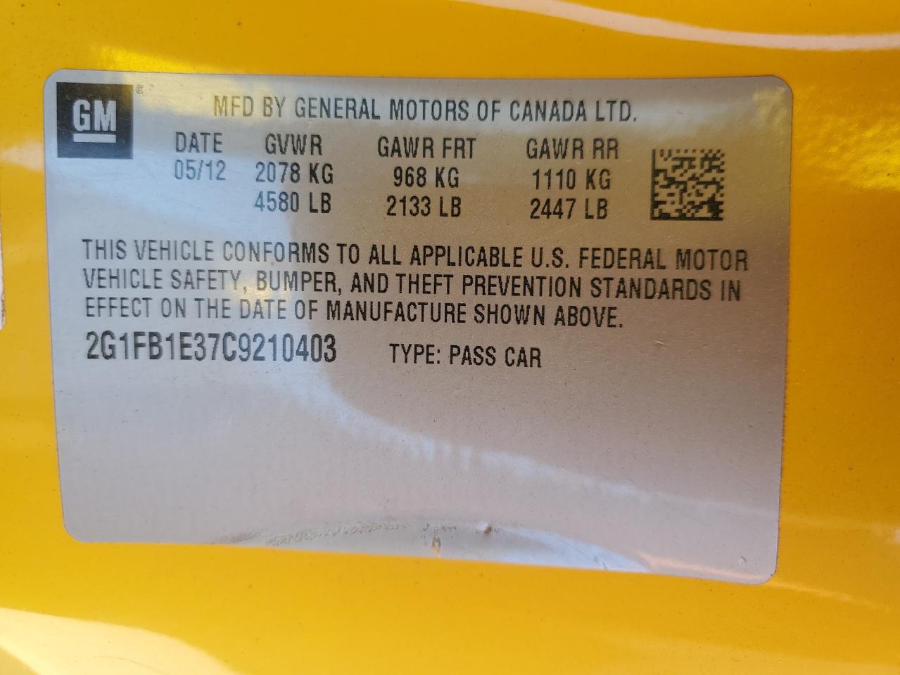 2012 Chevrolet Camaro Lt VIN: 2G1FB1E37C9210403 Lot: 84254805