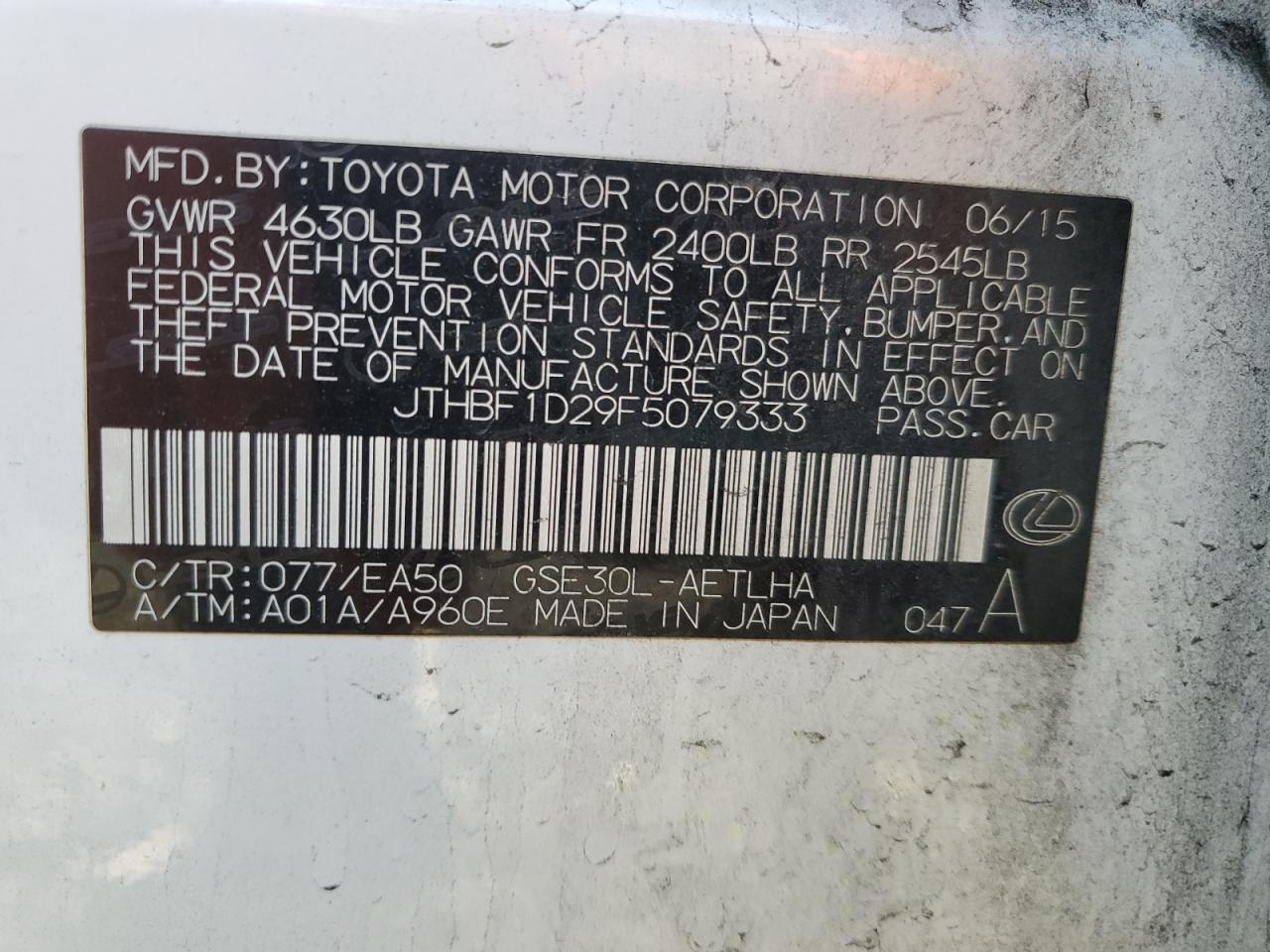 2015 Lexus Is 250 VIN: JTHBF1D29F5079333 Lot: 87422595