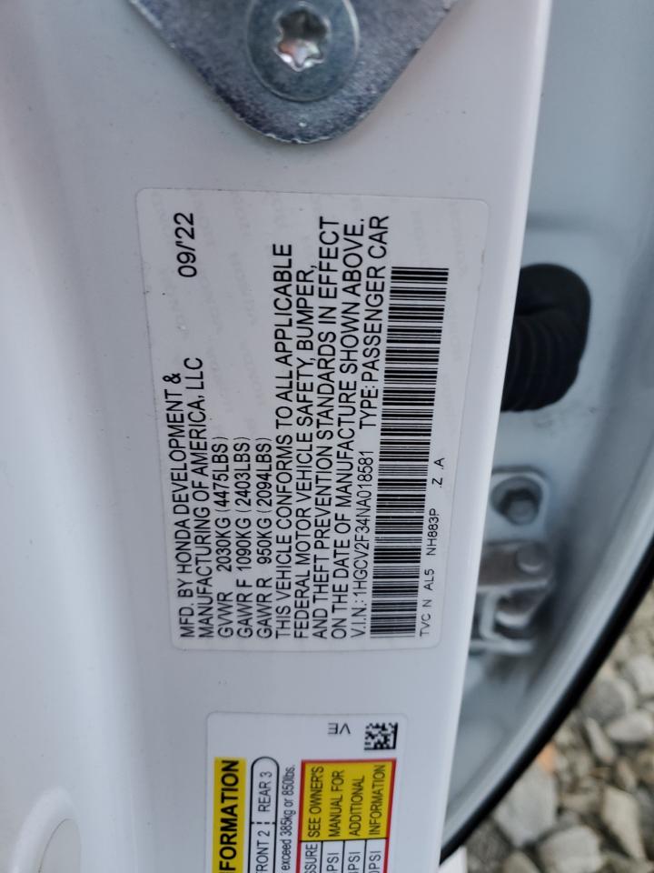 2022 Honda Accord Sport VIN: 1HGCV2F34NA018581 Lot: 89529985