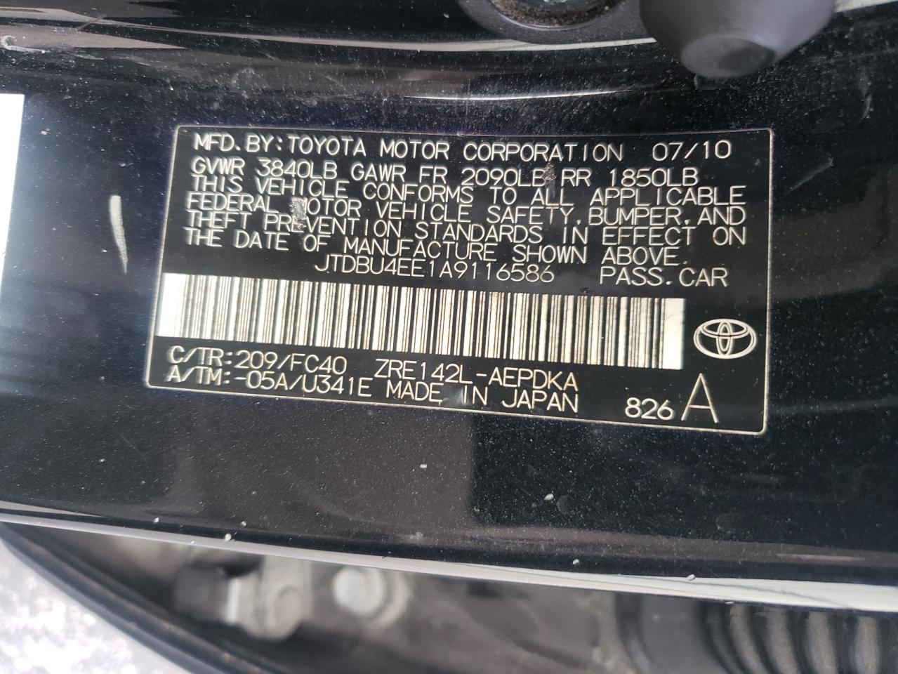 2010 Toyota Corolla Base VIN: JTDBU4EE1A9116586 Lot: 85602605