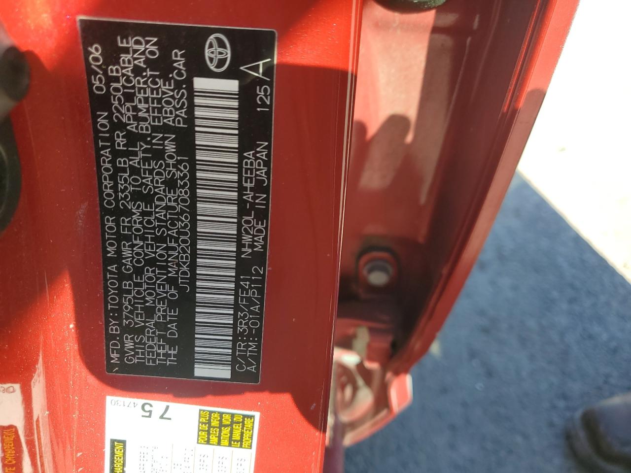 2006 Toyota Prius VIN: JTDKB20U367083361 Lot: 85541065