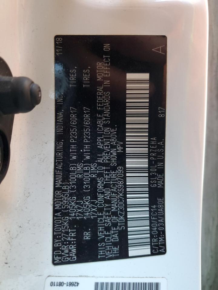 2019 Toyota Sienna Le VIN: 5TDKZ3DC7KS987099 Lot: 85837555