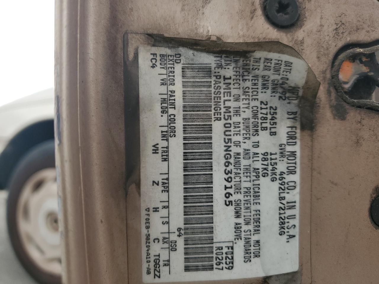 1992 Mercury Sable Gs VIN: 1MELM50U5NG639165 Lot: 84439755