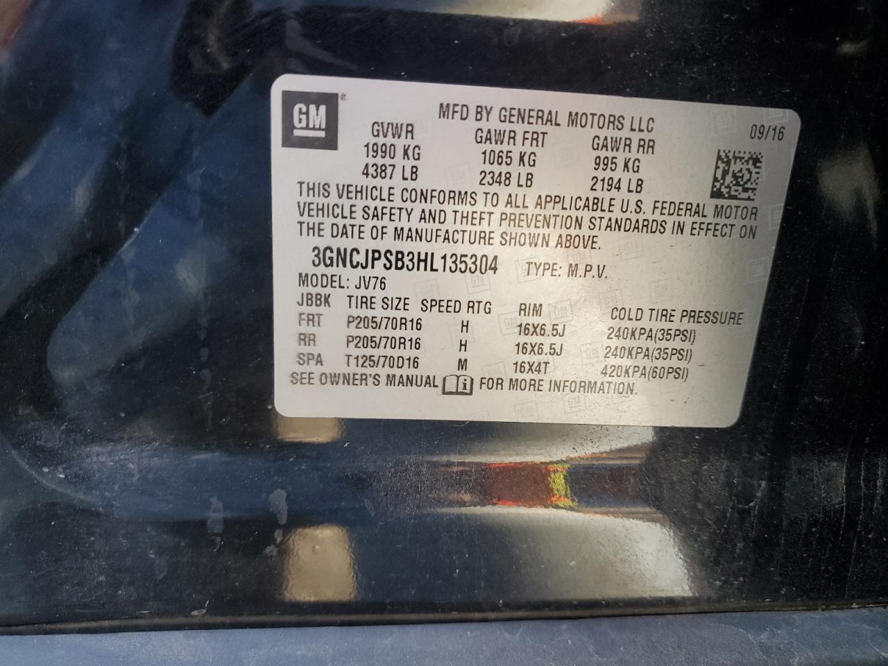 2017 Chevrolet Trax 1Lt VIN: 3GNCJPSB3HL135304 Lot: 82196865