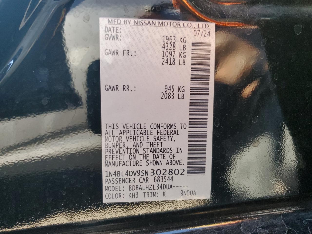 2025 Nissan Altima Sv VIN: 1N4BL4DV9SN302802 Lot: 86590775