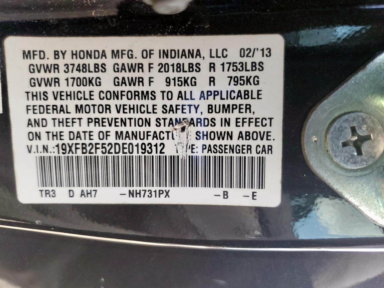 2013 Honda Civic Lx VIN: 19XFB2F52DE019312 Lot: 82305305
