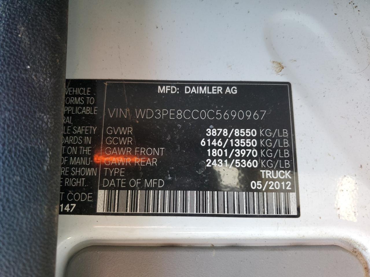 2012 Mercedes-Benz Sprinter 2500 VIN: WD3PE8CC0C5690967 Lot: 87044375