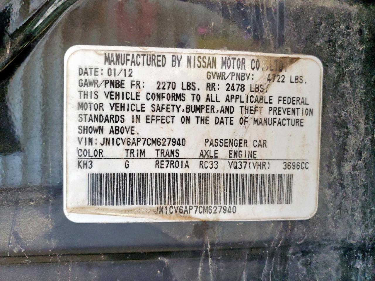 2012 Infiniti G37 Base VIN: JN1CV6AP7CM627940 Lot: 86288295