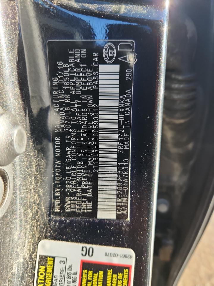 2016 Toyota Corolla L VIN: 2T1BURHE0GC593912 Lot: 81596125