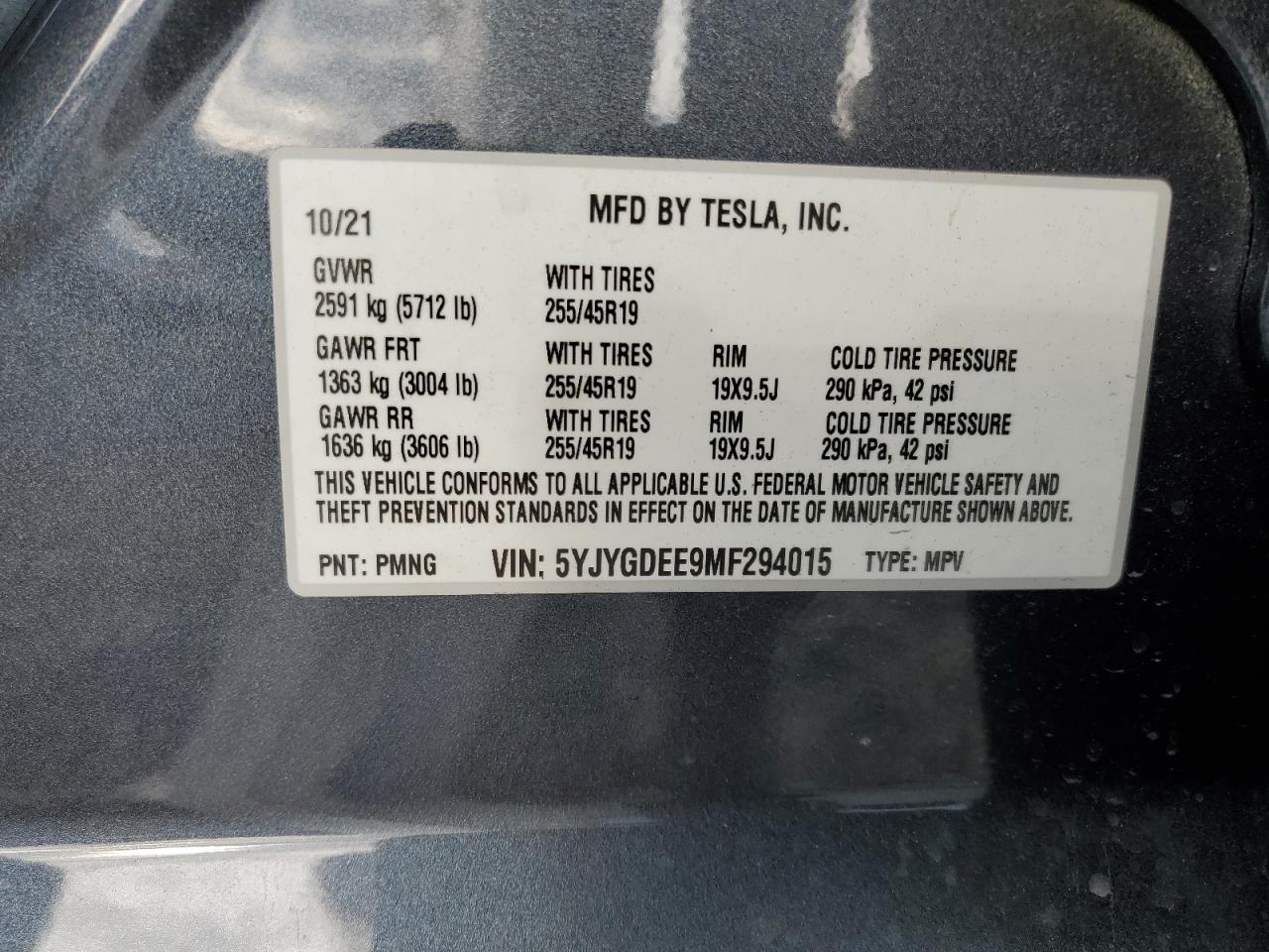 2021 Tesla Model Y VIN: 5YJYGDEE9MF294015 Lot: 82298635