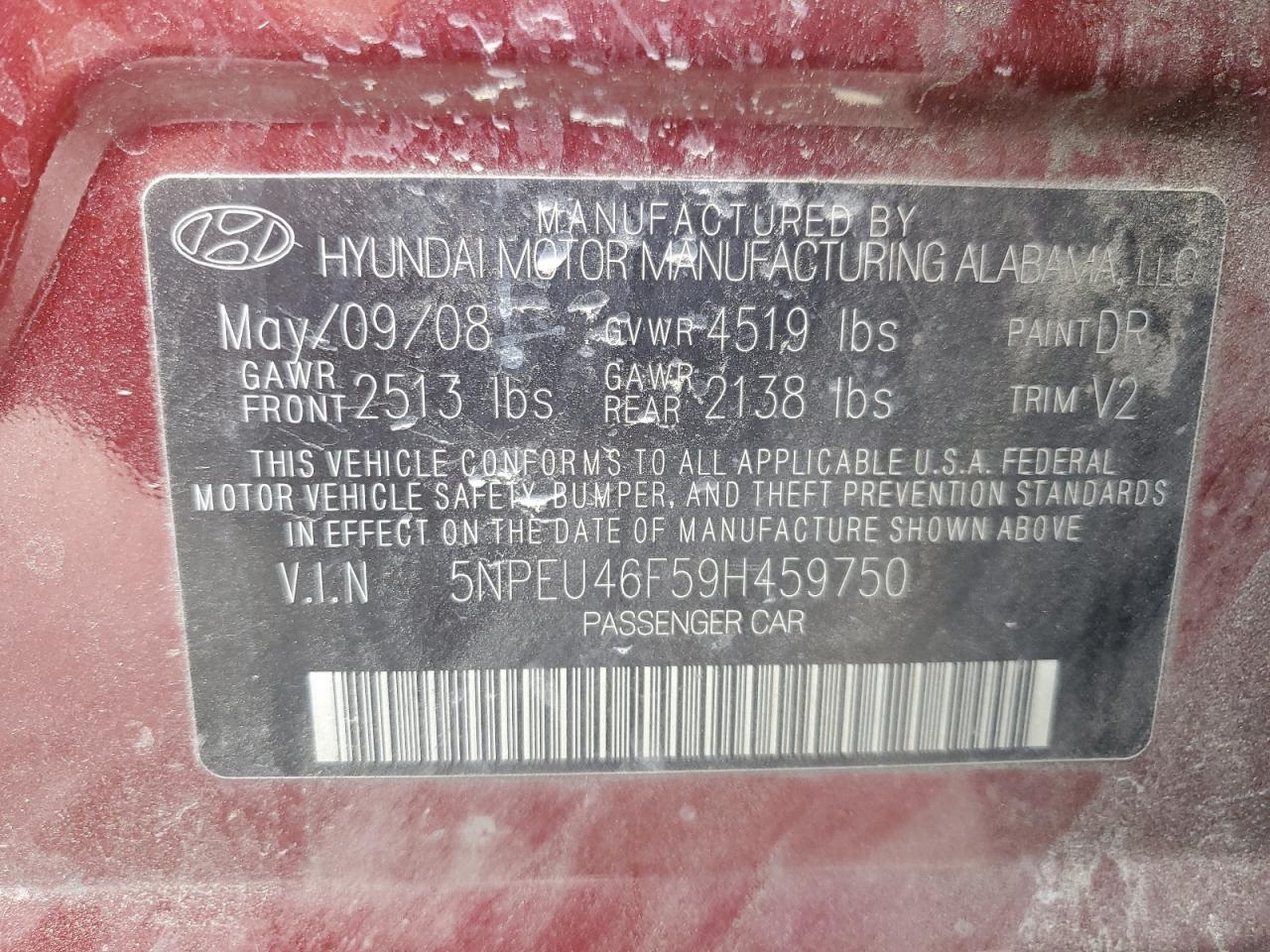 2009 Hyundai Sonata Se VIN: 5NPEU46F59H459750 Lot: 86112085