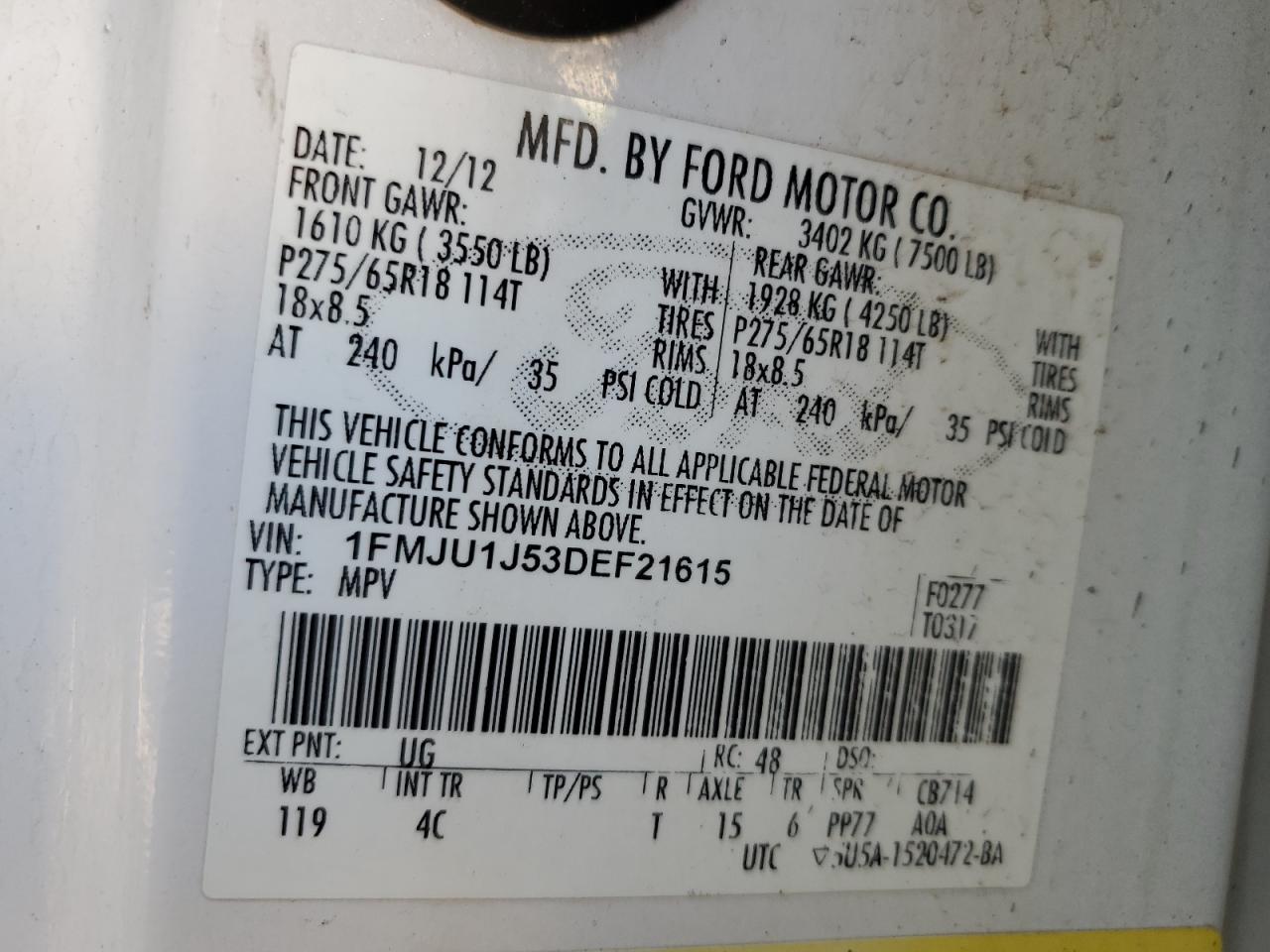 2013 Ford Expedition Xlt VIN: 1FMJU1J53DEF21615 Lot: 89622035