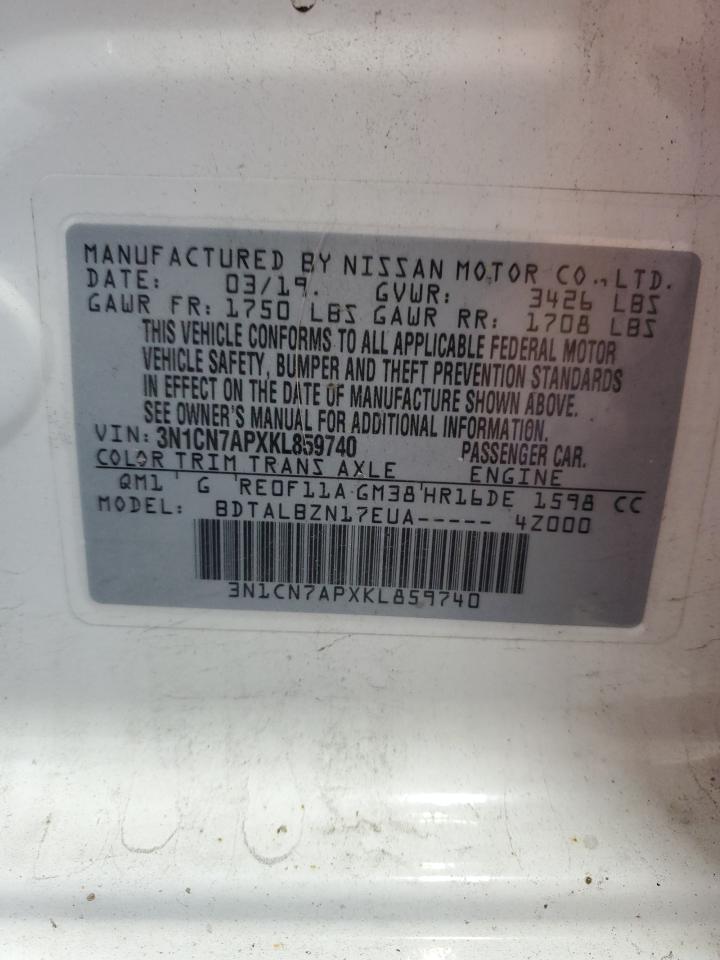 2019 Nissan Versa S VIN: 3N1CN7APXKL859740 Lot: 84540315