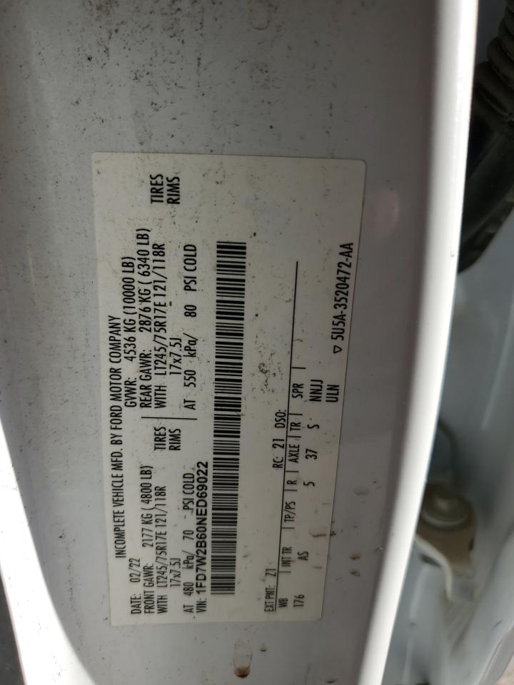 2022 Ford F250 Super Duty VIN: 1FD7W2B60NED69022 Lot: 85717385