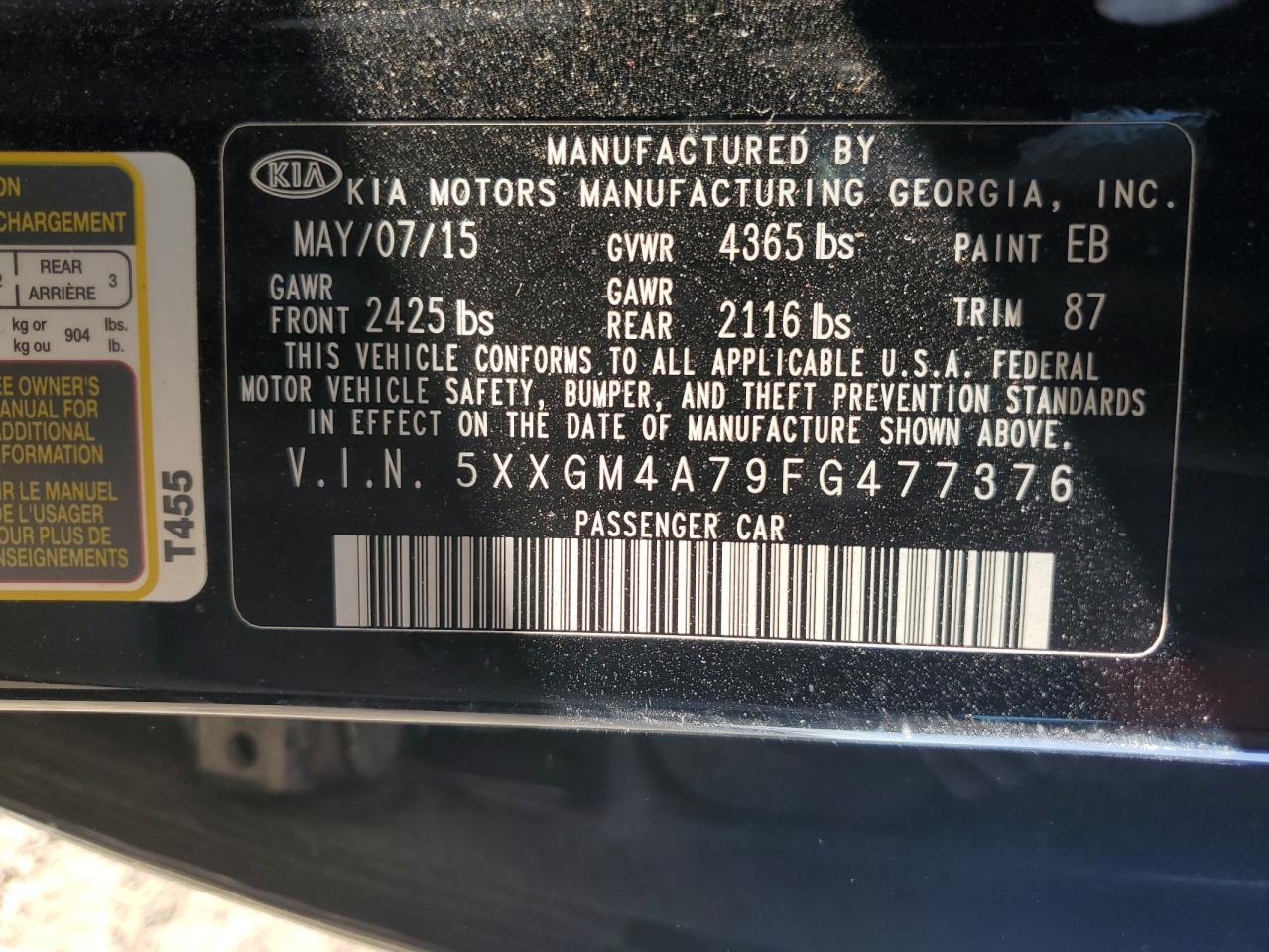 2015 Kia Optima Lx VIN: 5XXGM4A79FG477376 Lot: 90458425