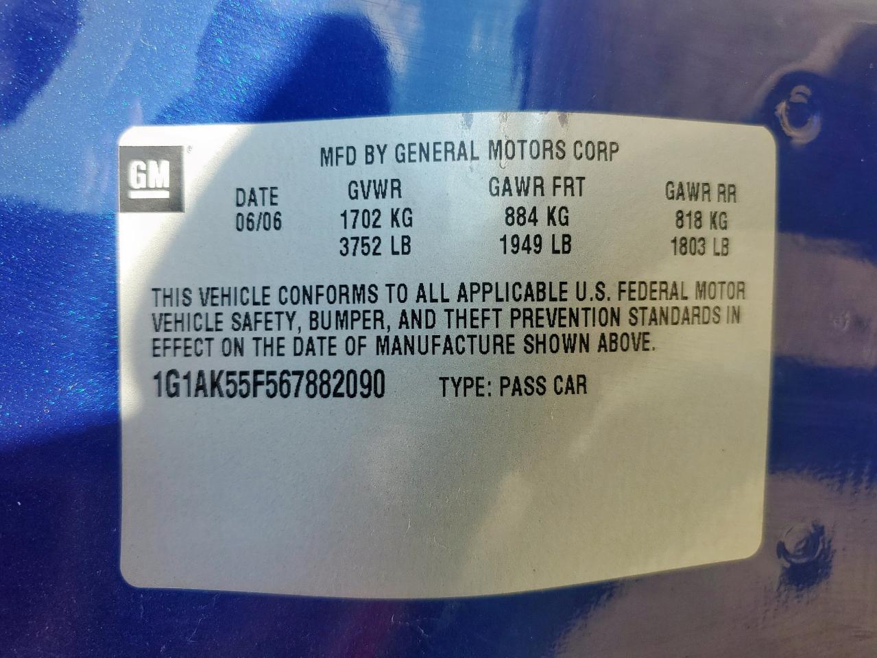 2006 Chevrolet Cobalt Ls VIN: 1G1AK55F567882090 Lot: 84661065