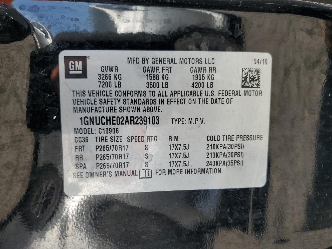2010 Chevrolet Suburban C1500 Ls VIN: 1GNUCHE02AR239103 Lot: 86162425