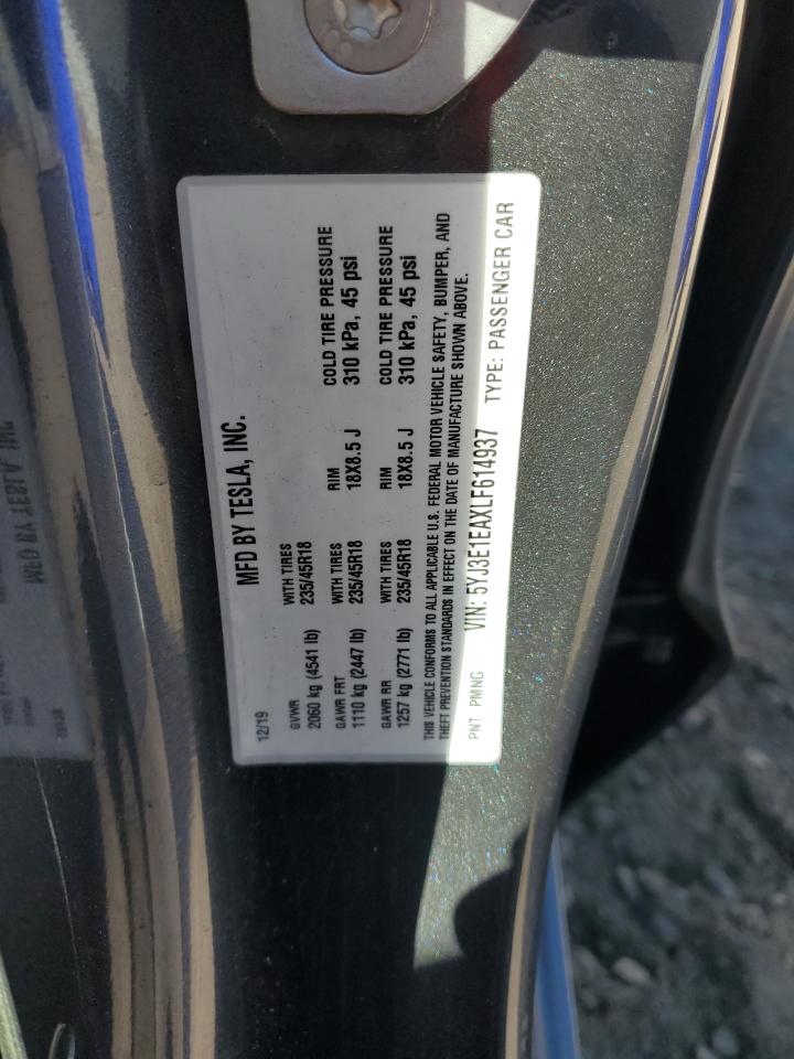 2020 Tesla Model 3 VIN: 5YJ3E1EAXLF614937 Lot: 82687505