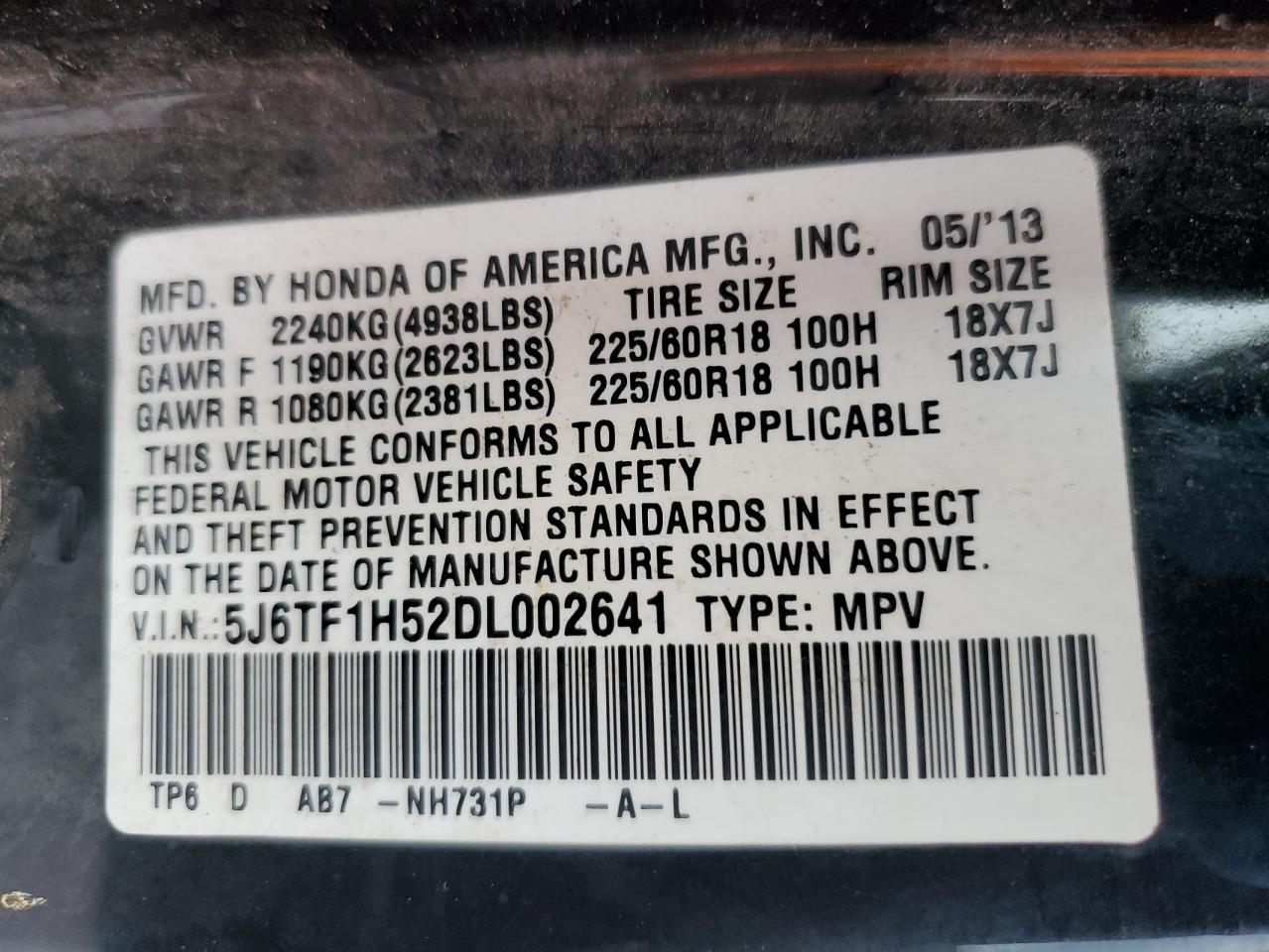 2013 Honda Crosstour Exl VIN: 5J6TF1H52DL002641 Lot: 85907435