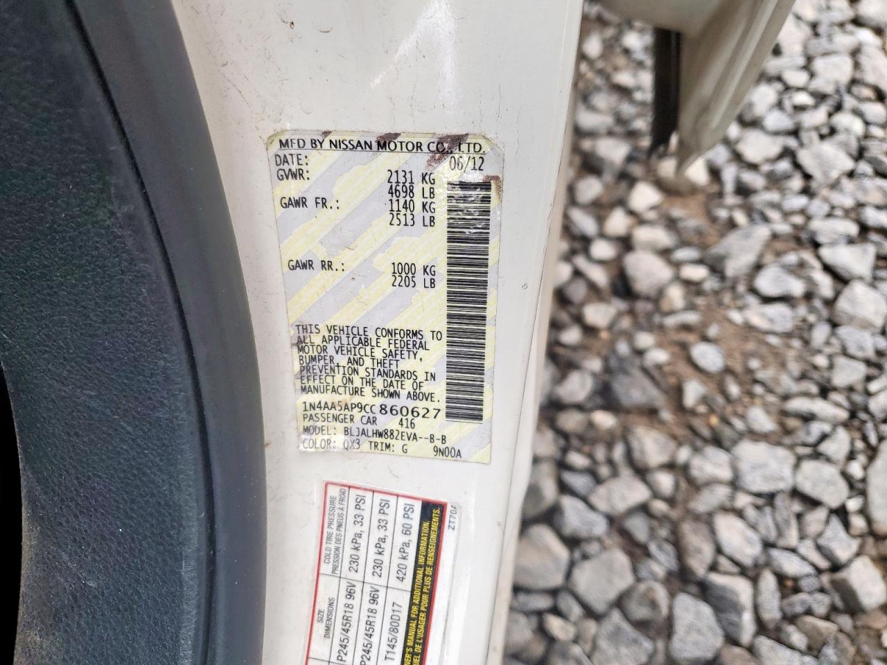 2012 Nissan Maxima S VIN: 1N4AA5AP9CC860627 Lot: 82190425