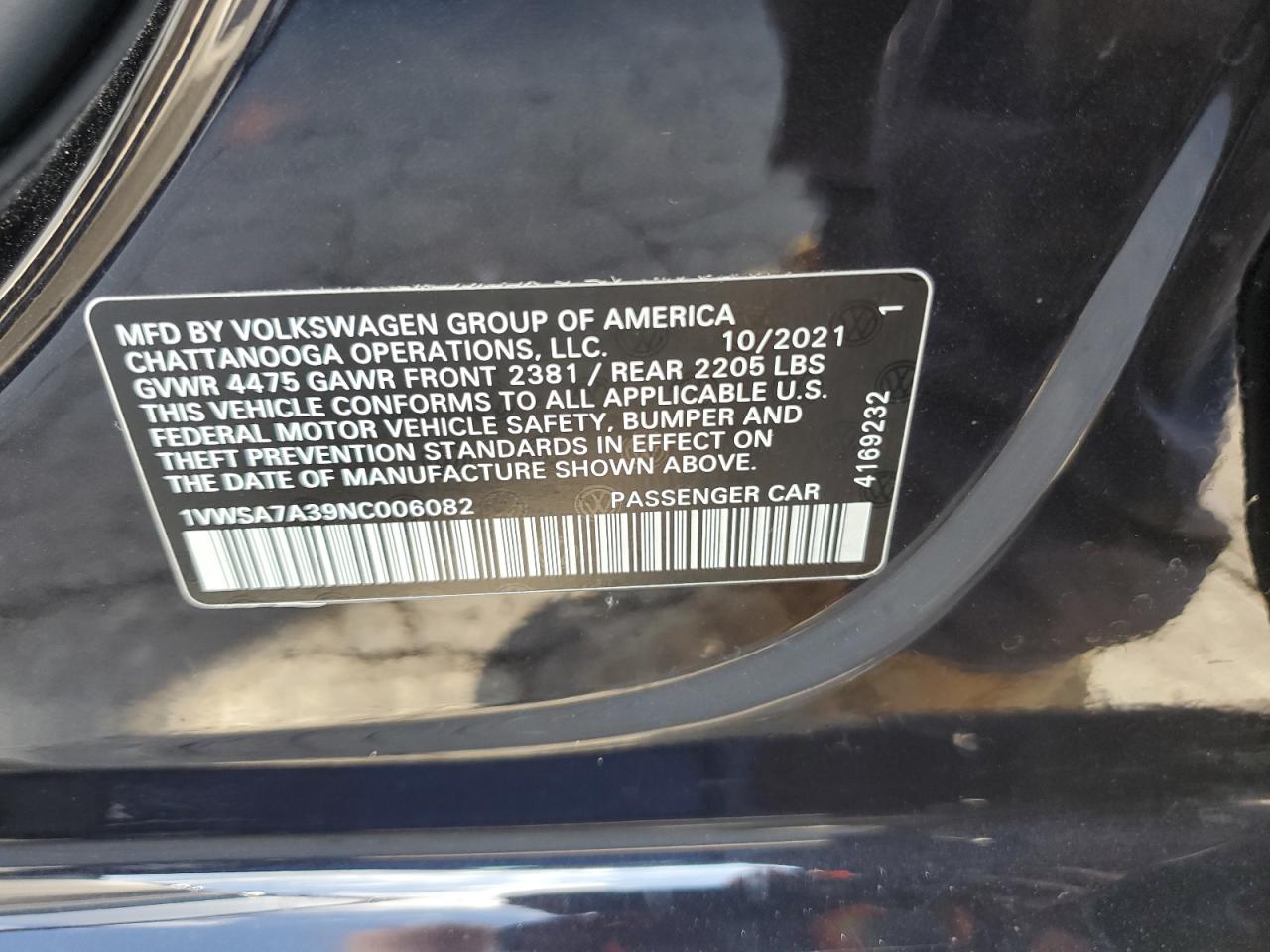 2022 Volkswagen Passat Se VIN: 1VWSA7A39NC006082 Lot: 85124205