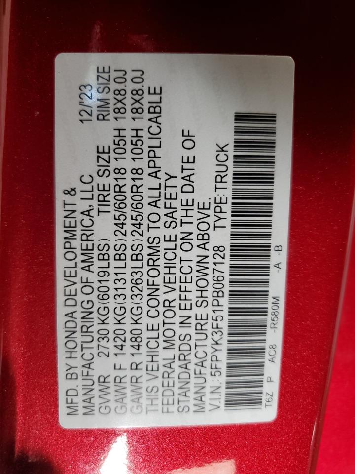 2023 Honda Ridgeline Rtl VIN: 5FPYK3F51PB067128 Lot: 86238605