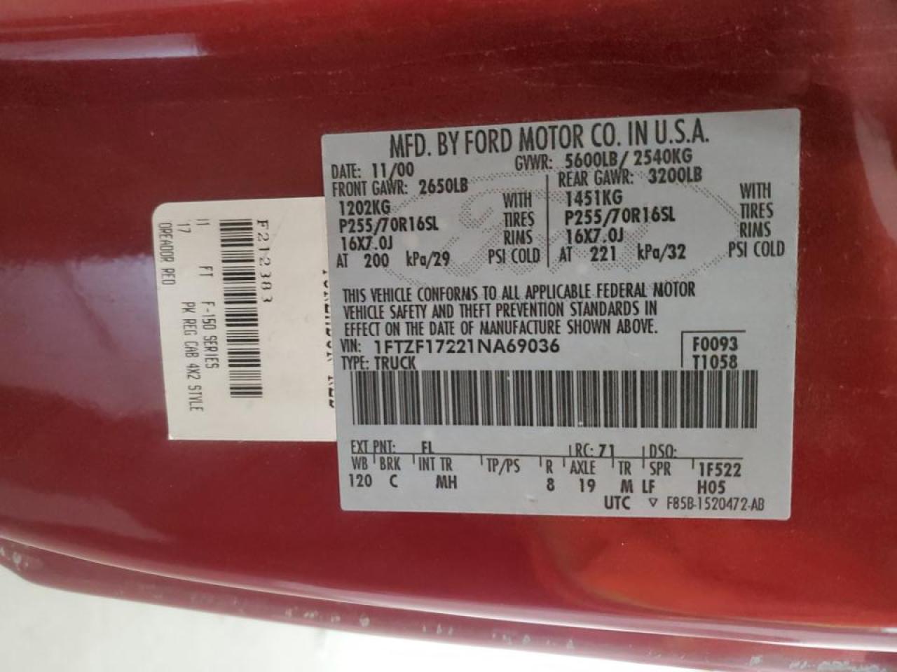 2001 Ford F150 VIN: 1FTZF17221NA69036 Lot: 84253845