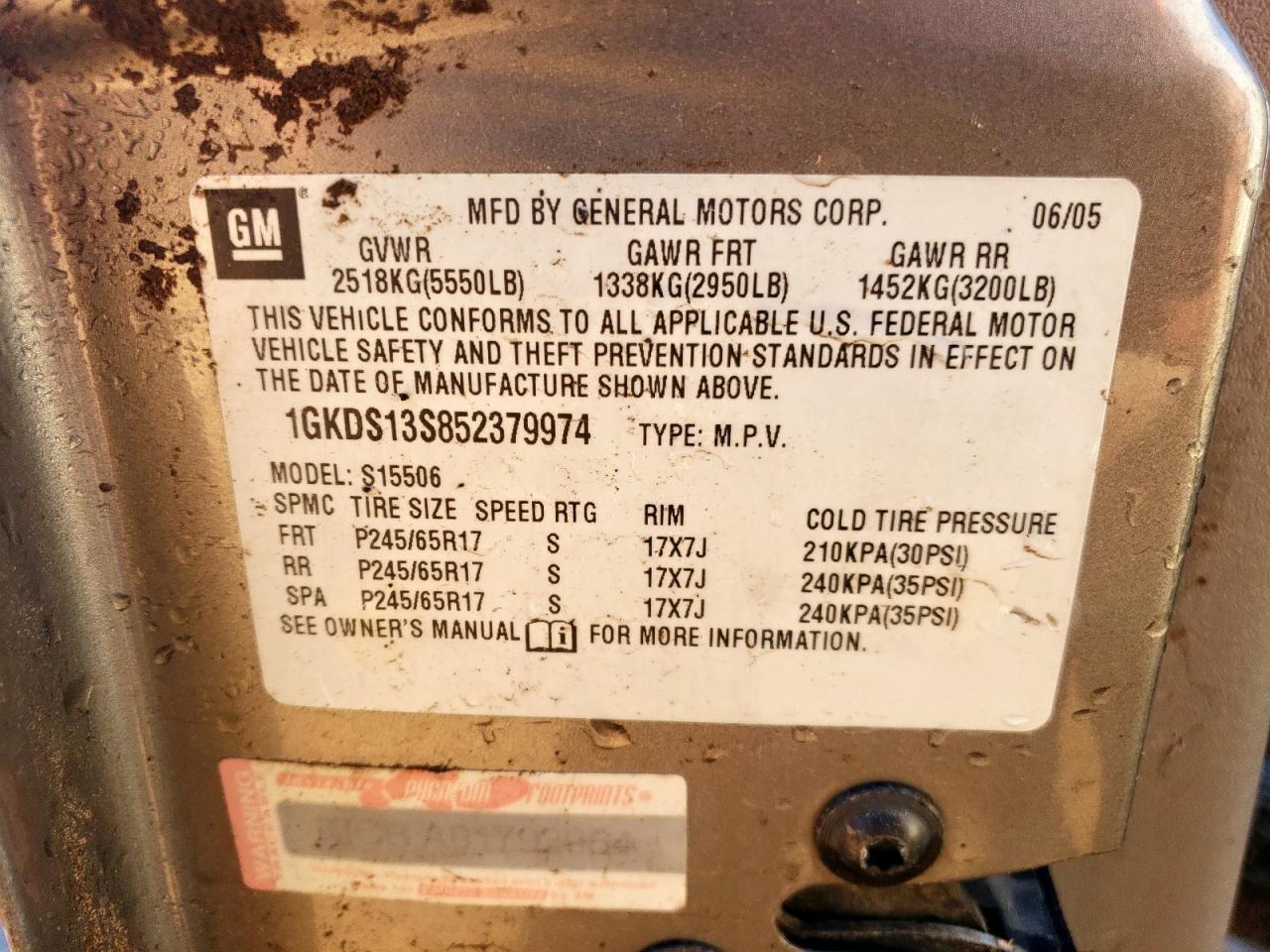 2005 GMC Envoy VIN: 1GKDS13S852379974 Lot: 86249285