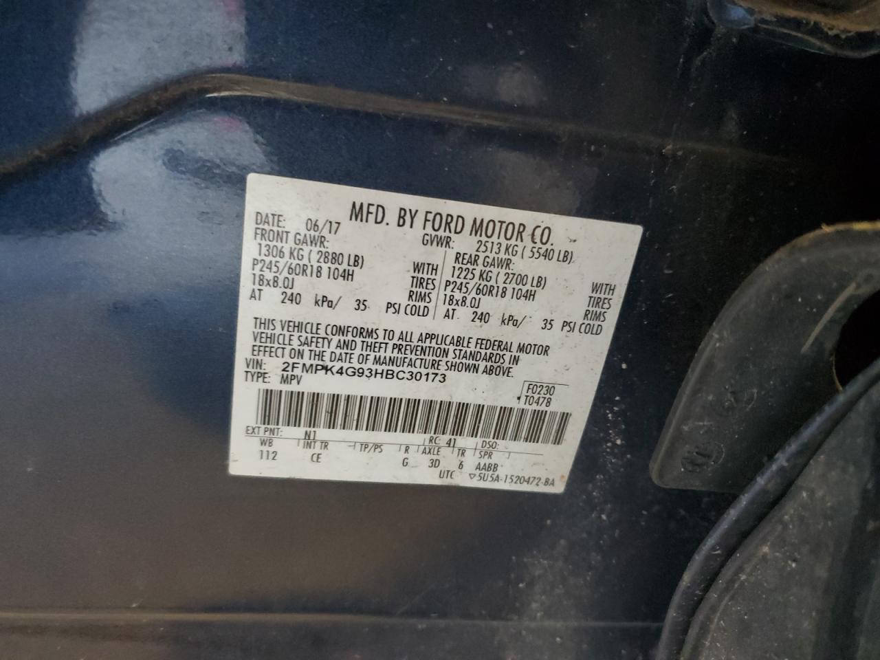 2017 Ford Edge Se VIN: 2FMPK4G93HBC30173 Lot: 89889785