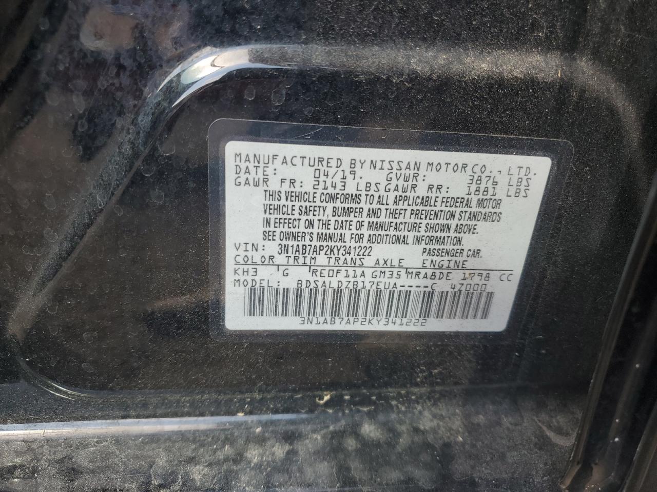 2019 Nissan Sentra S VIN: 3N1AB7AP2KY341222 Lot: 85777205