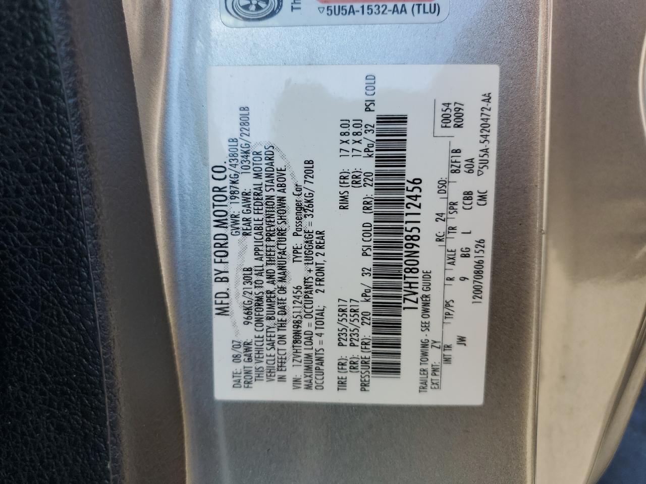 2008 Ford Mustang VIN: 1ZVHT80N985112456 Lot: 85727525