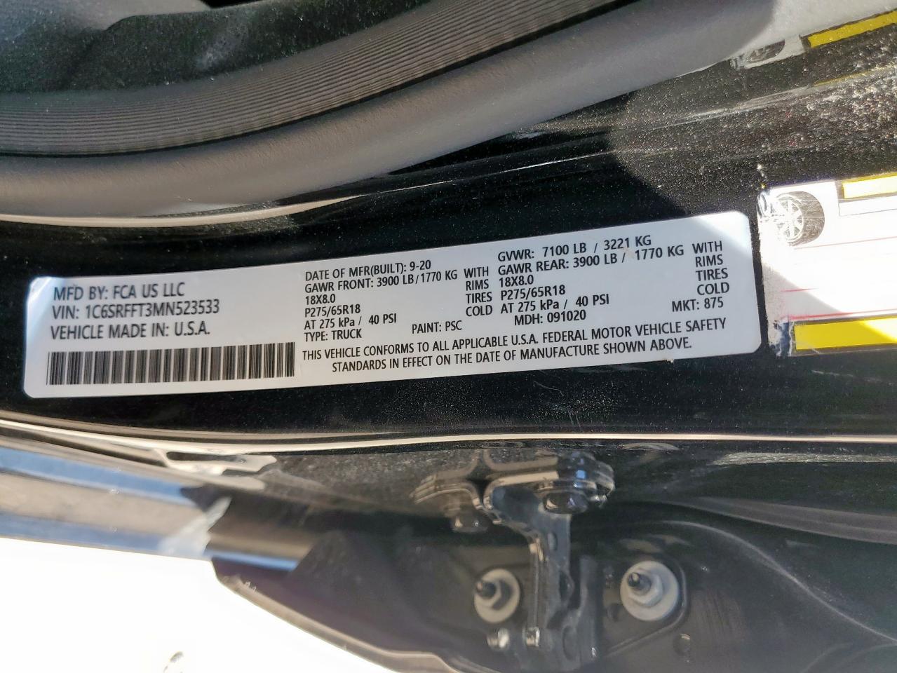 2021 Ram 1500 Big Horn/Lone Star VIN: 1C6SRFFT3MN523533 Lot: 85505395