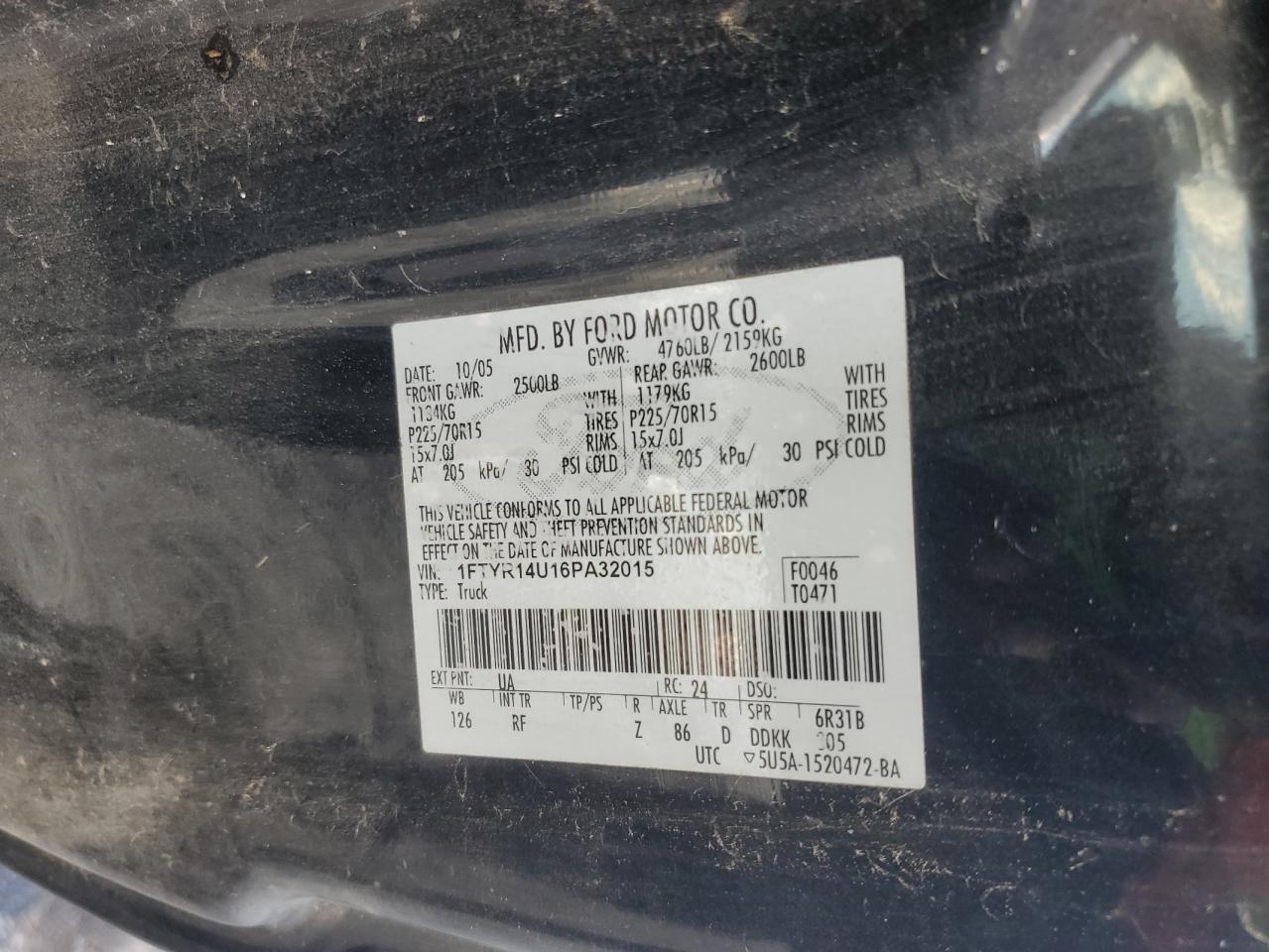 2006 Ford Ranger Super Cab VIN: 1FTYR14U16PA32015 Lot: 85547685