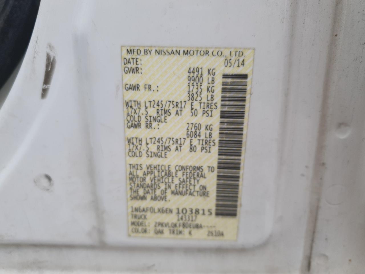 2014 Nissan Nv 2500 VIN: 1N6AF0LX6EN103815 Lot: 85729795