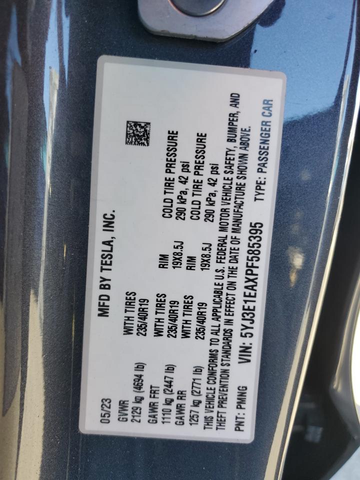 2023 Tesla Model 3 VIN: 5YJ3E1EAXPF585395 Lot: 85590015