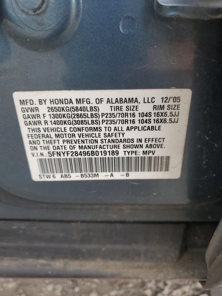 2006 Honda Pilot Ex VIN: 5FNYF28496B019189 Lot: 85531405