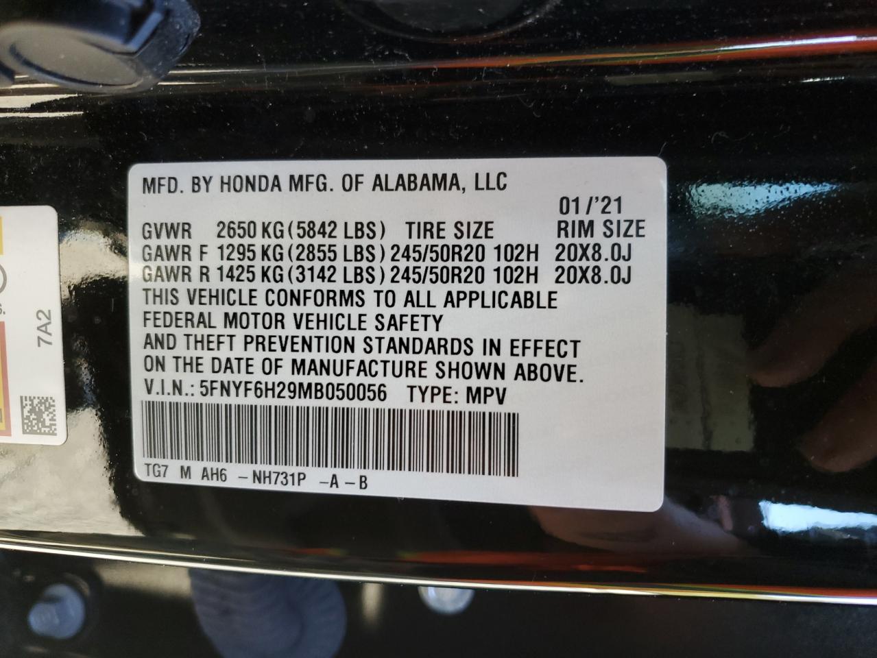 2021 Honda Pilot Se VIN: 5FNYF6H29MB050056 Lot: 85345865