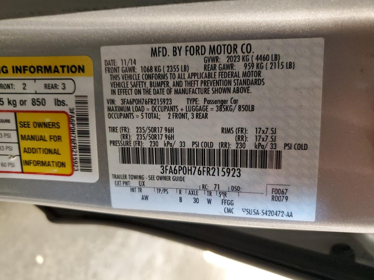 2015 Ford Fusion Se VIN: 3FA6P0H76FR215923 Lot: 87209575