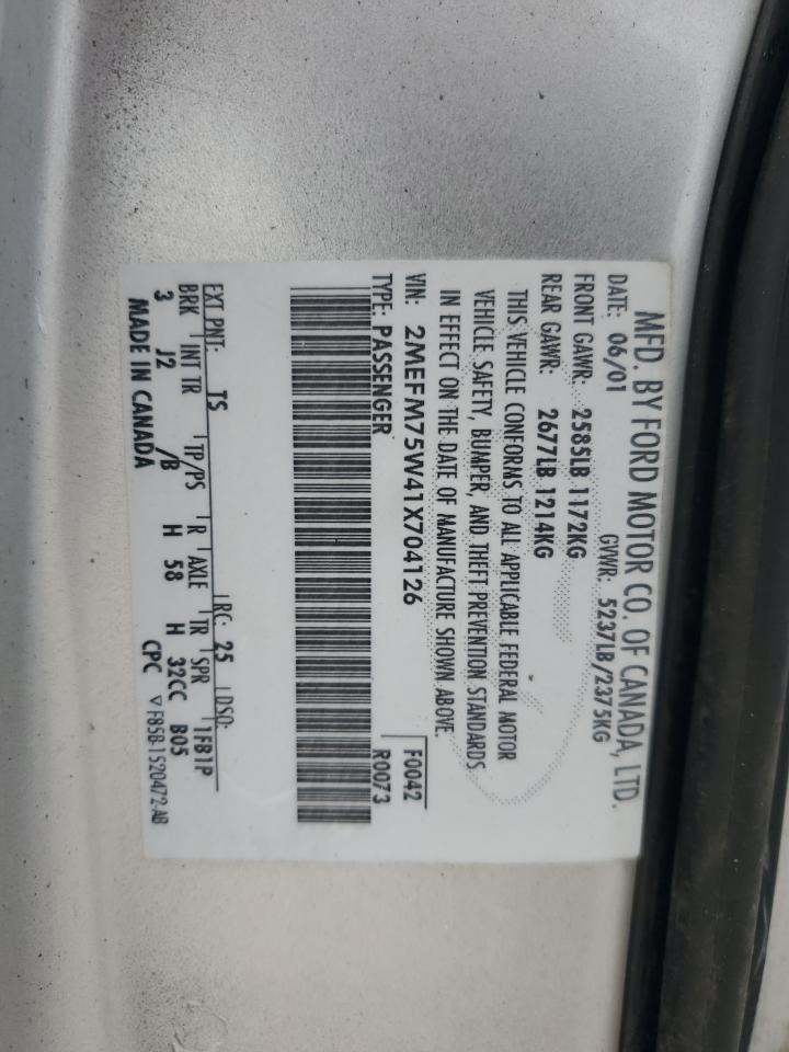 2001 Mercury Grand Marquis Ls VIN: 2MEFM75W41X704126 Lot: 85332495