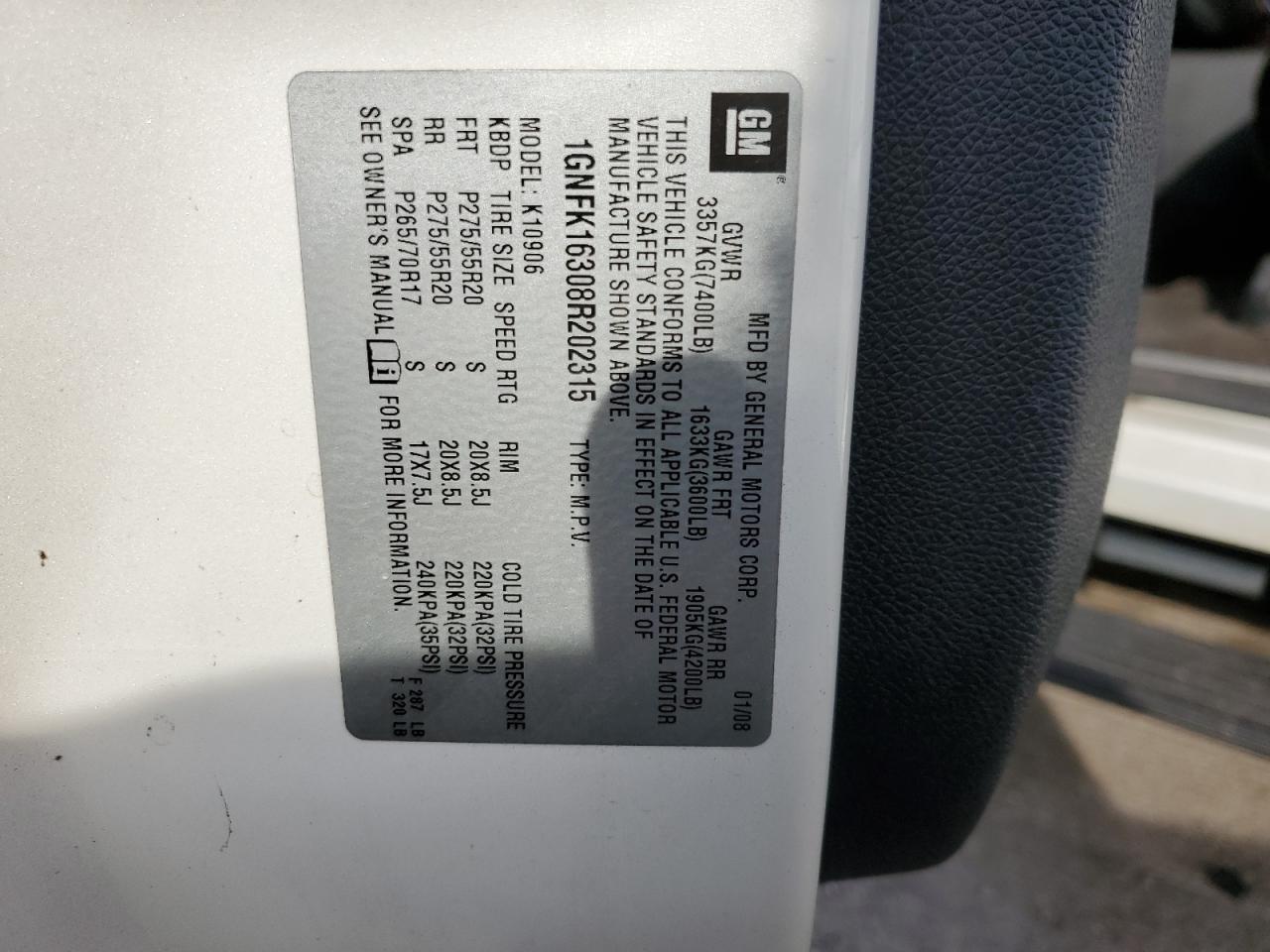 2008 Chevrolet Suburban K1500 Ls VIN: 1GNFK16308R202315 Lot: 84787765