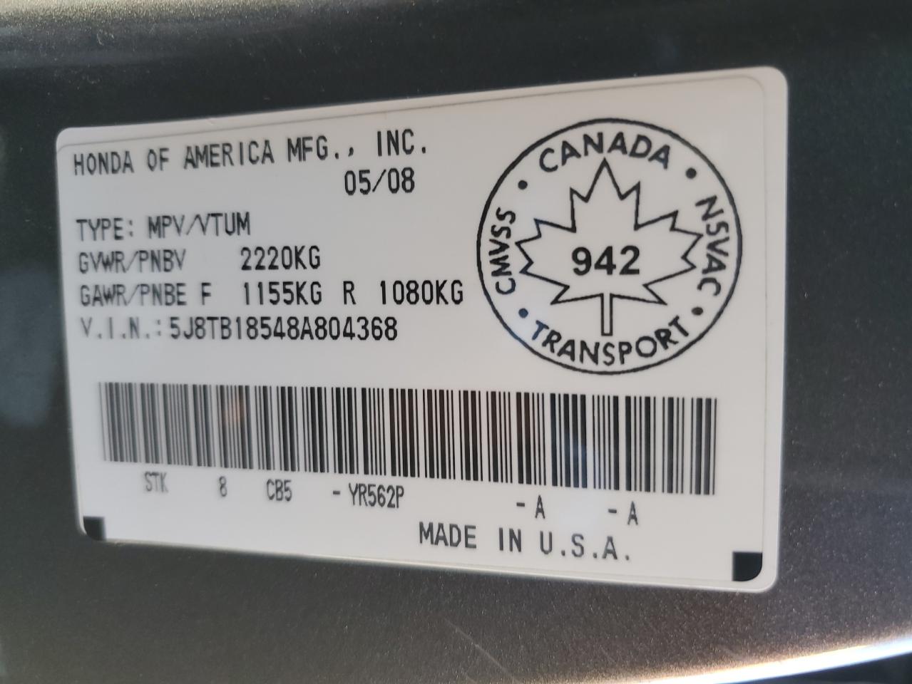 2008 Acura Rdx Technology VIN: 5J8TB18548A804368 Lot: 85190045