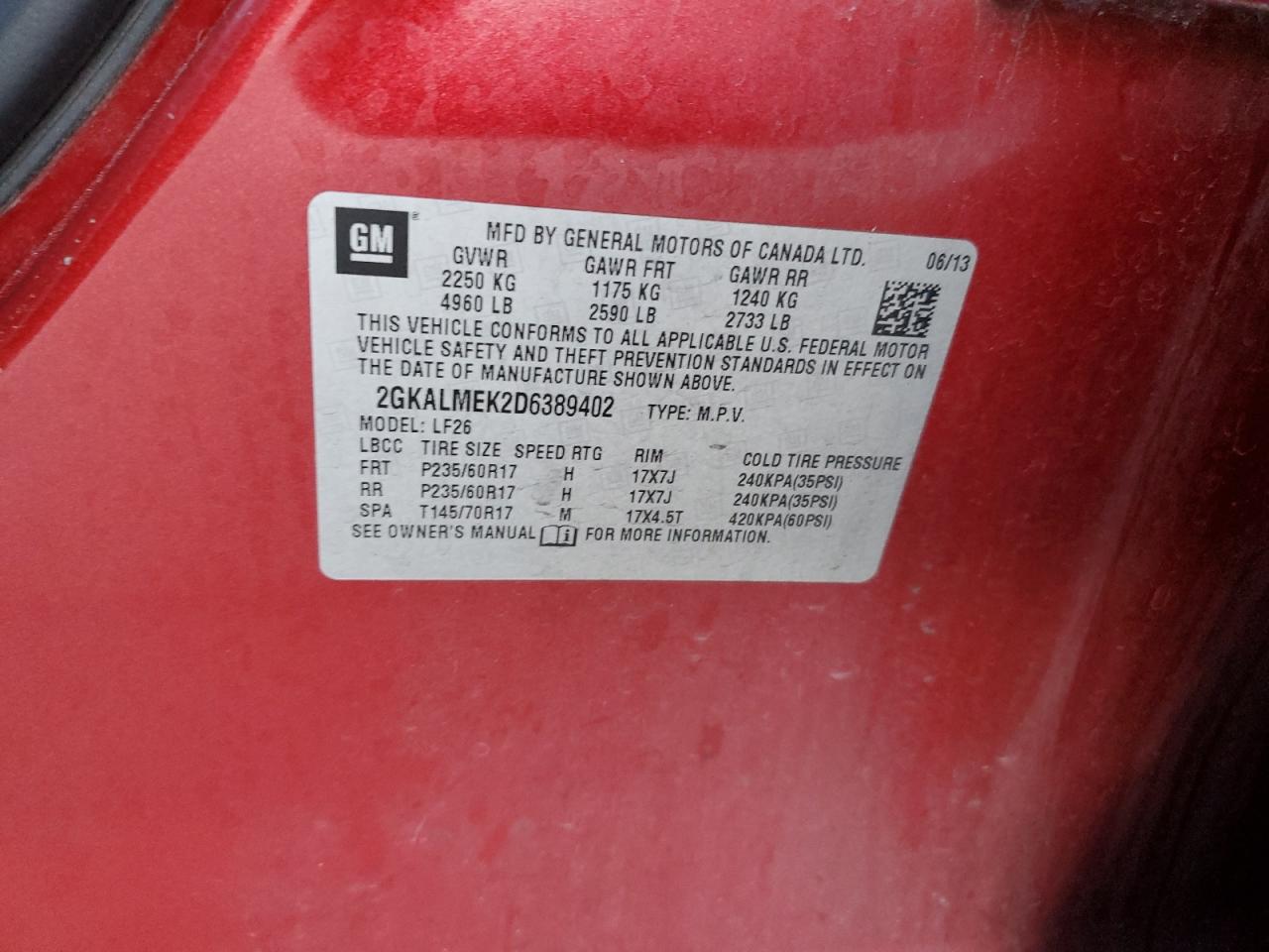 2013 GMC Terrain Sle VIN: 2GKALMEK2D6389402 Lot: 90536485