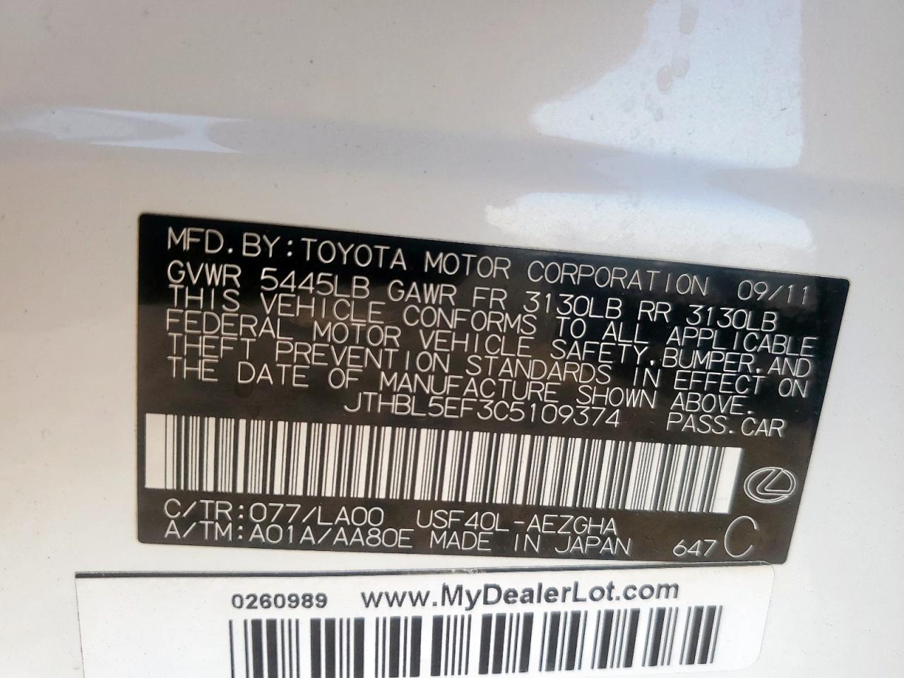 2012 Lexus Ls 460 VIN: JTHBL5EF3C5109374 Lot: 85500935