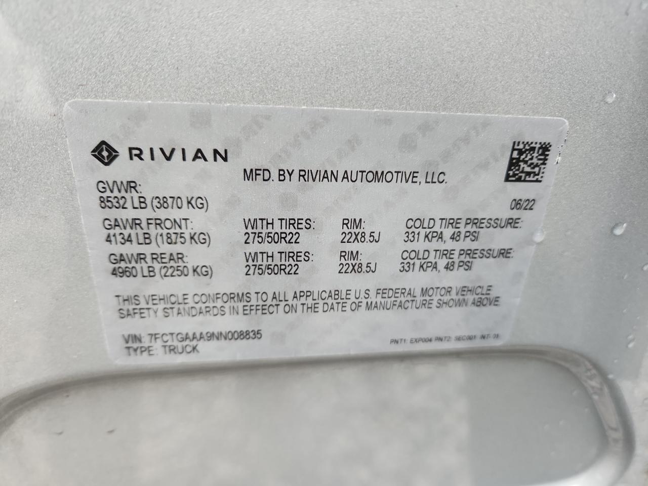 2022 Rivian R1T Adventure VIN: 7FCTGAAA9NN008835 Lot: 89806565