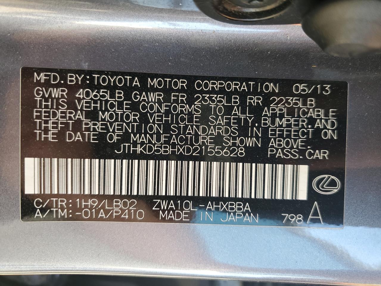 2013 Lexus Ct 200 VIN: JTHKD5BHXD2155628 Lot: 84383635