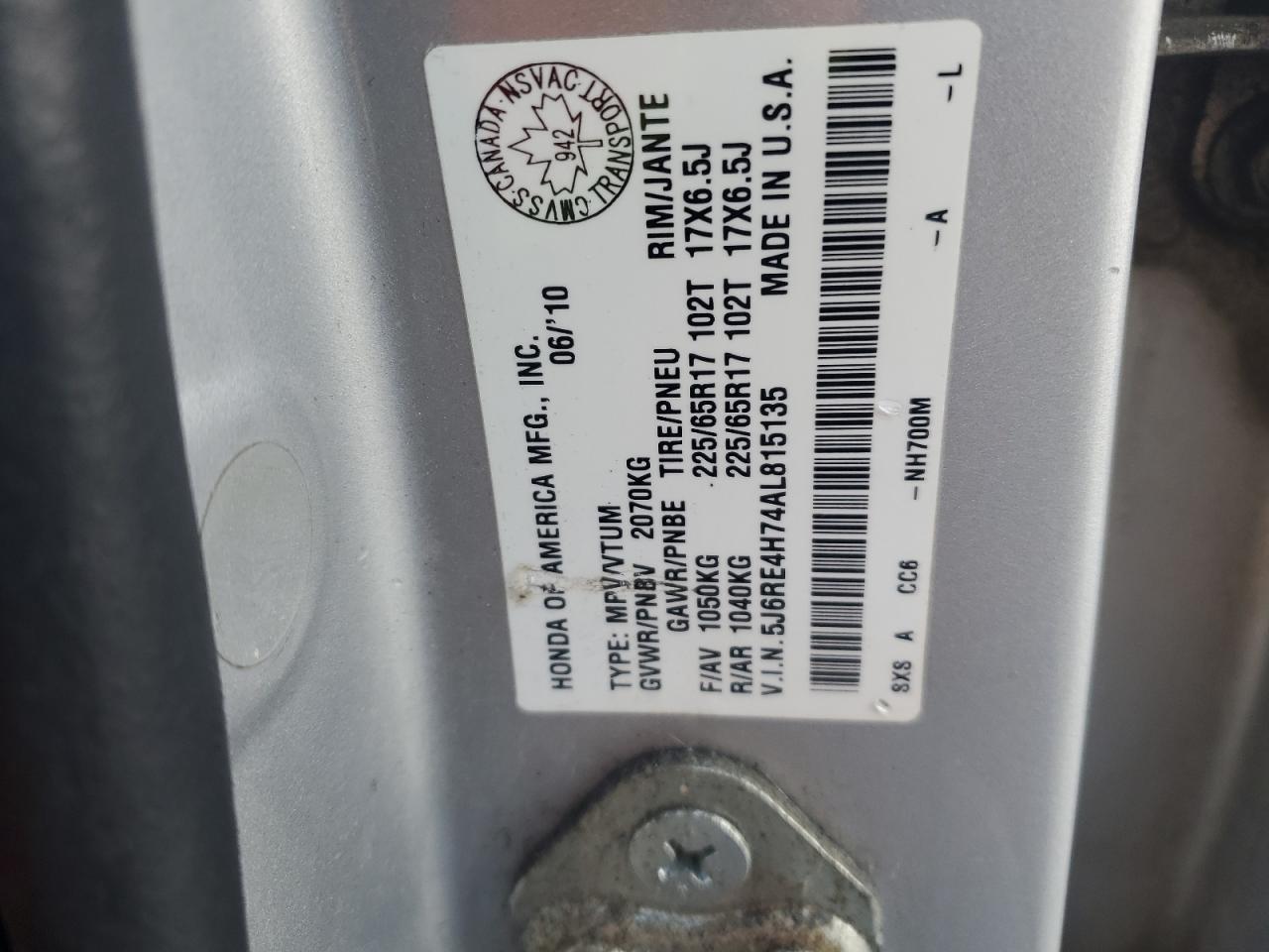 2010 Honda Cr-V Exl VIN: 5J6RE4H74AL815135 Lot: 90729645